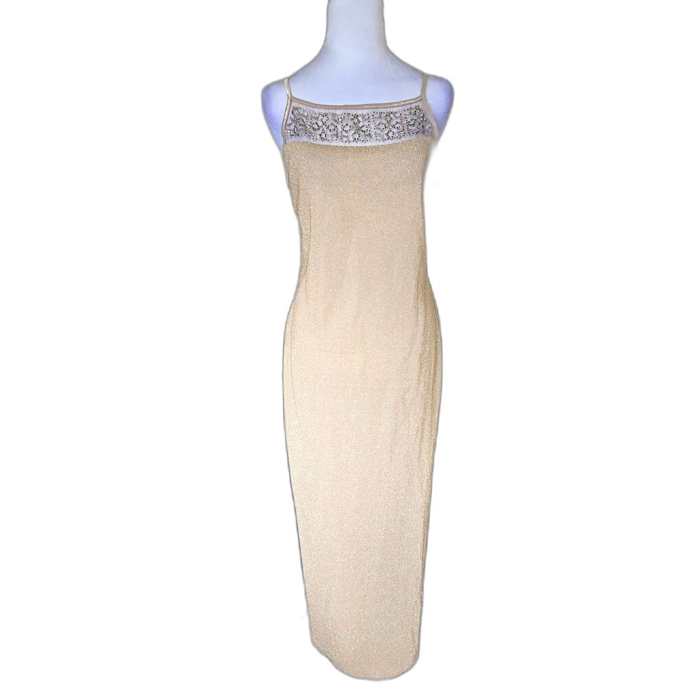 VTG Roberta Gold Glitter Beaded Mesh Slip Dress Y2K Formal 90s Maxi L Homecoming